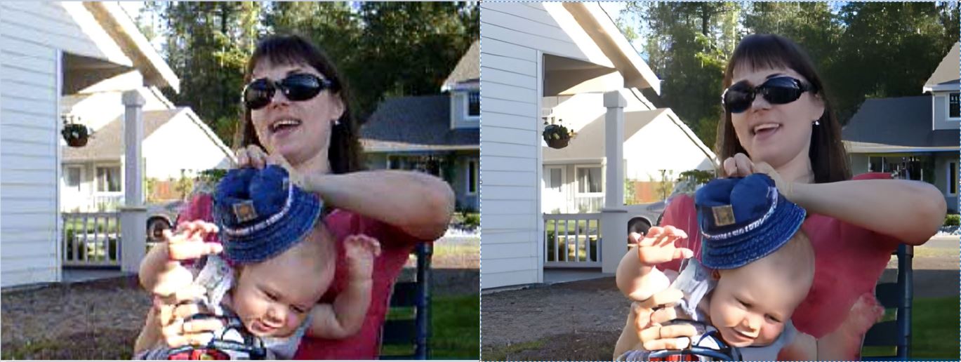 Side-by-side comparison of a home video frame of a woman holding a baby outdoors: a blurry, low-resolution original on the left next to the same frame sharpened and upscaled by the AI restoration pipeline on the right.