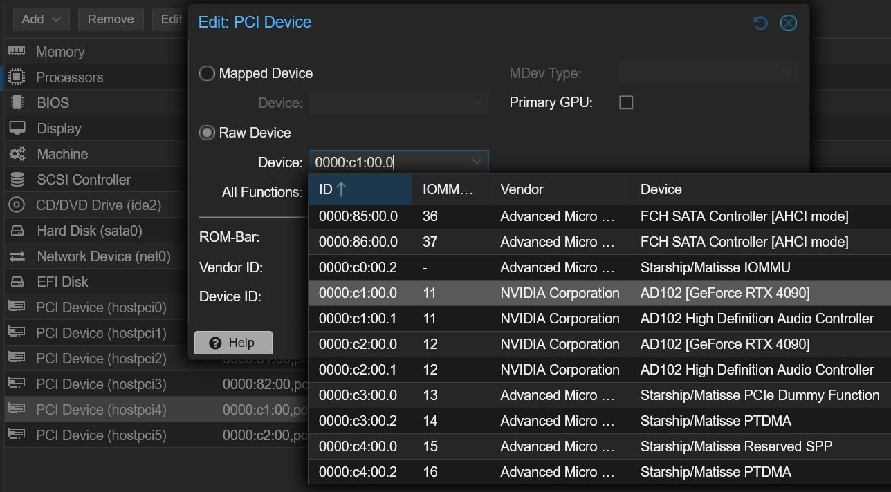 Proxmox VE dialog for editing a raw PCI device passthrough, with the device picker open showing NVIDIA GeForce RTX 4090 GPUs among the host's PCI devices to map directly to a virtual machine.