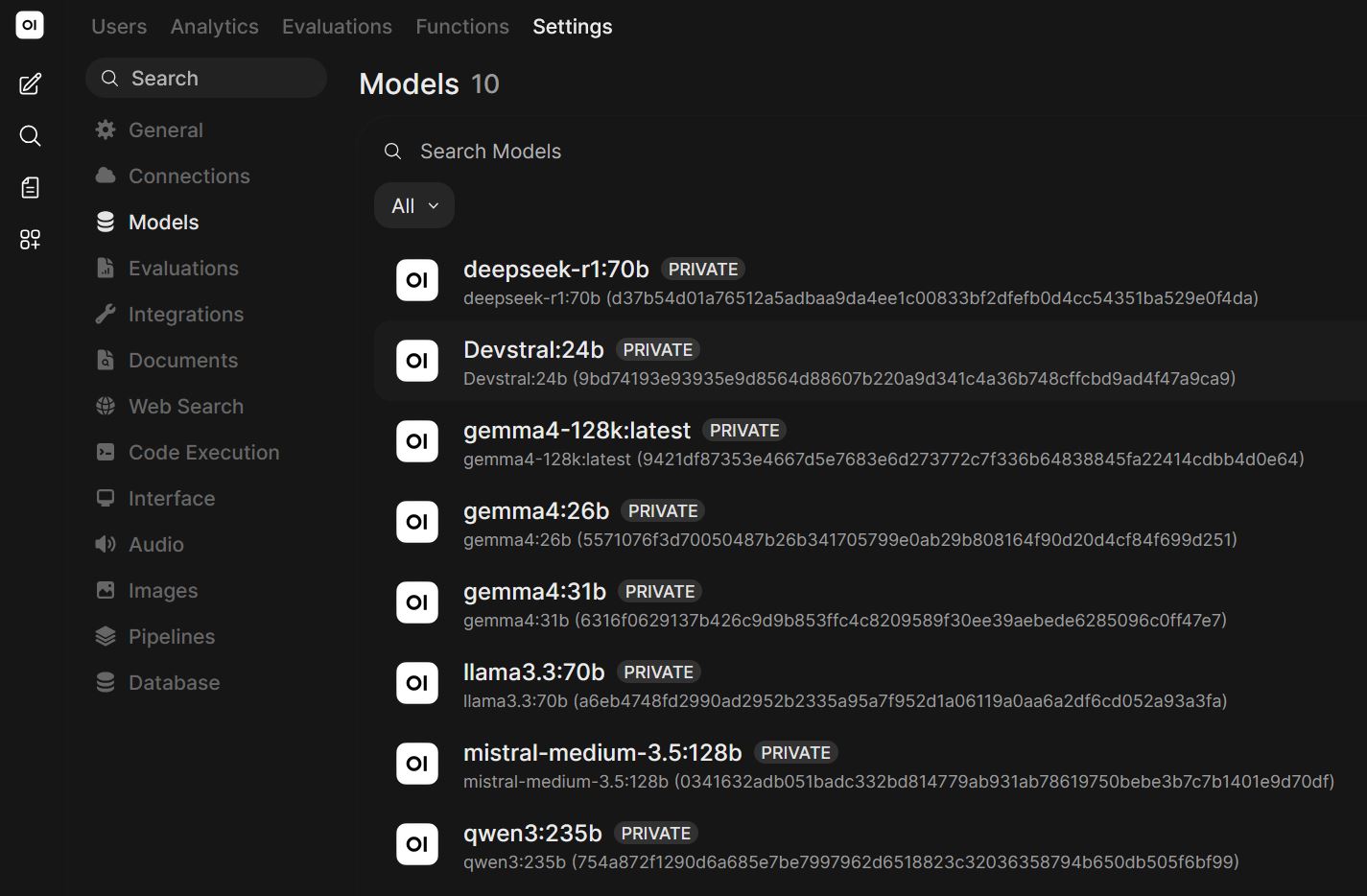 Open WebUI models settings page listing ten locally hosted private models, including deepseek-r1:70b, gemma4:31b, llama3.3:70b, mistral-medium-3.5:128b, and qwen3:235b.